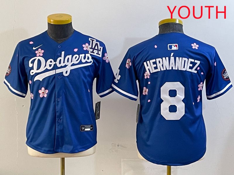 Youth Los Angeles Dodgers #8 Hernandez Blue Sakura Edition 2025 Nike MLB Jersey style 5->youth mlb jersey->Youth Jersey